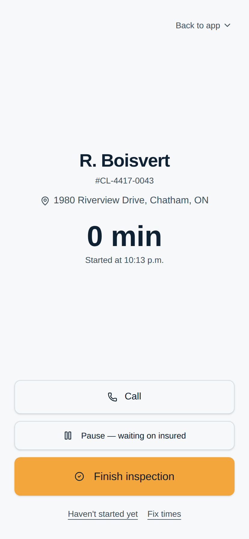 A running inspection, with elapsed time and one button to finish