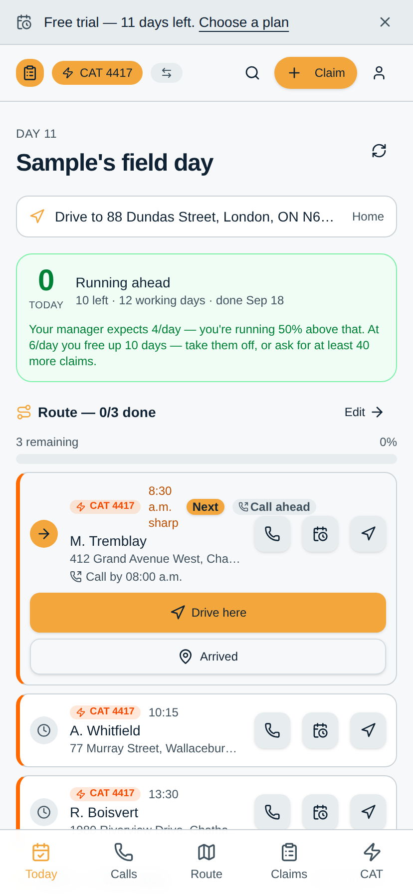 The day's route and call list on a phone